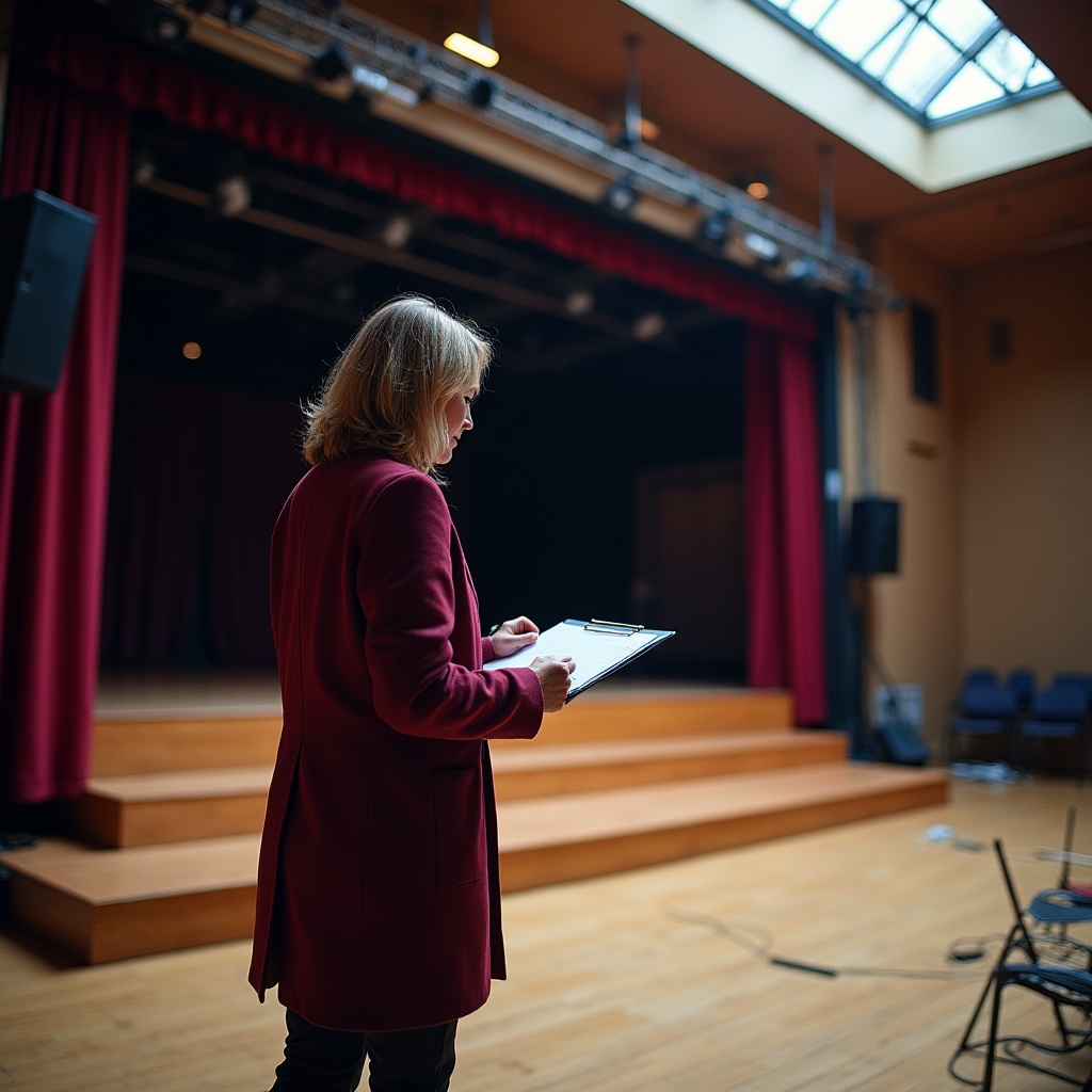 Organizator inspectând sala înainte de evenimentul de talente